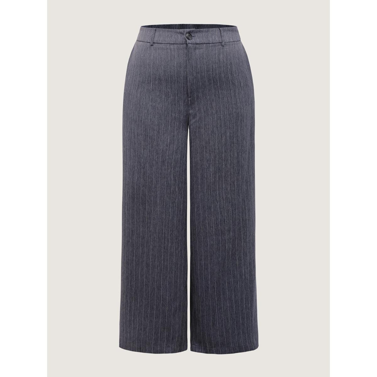 Plus Size Striped Button Wide-Leg Pants Women Indigo Office Loose Mid Rise Office Pants BloomChic 12/L Product Image