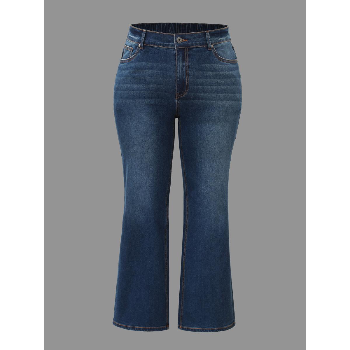 Plus Size Dark Wash Elastic Waist Flared Mid Rise Jeans Women Denimindigo Casual Button Medium stretch Slanted pocket Jeans BloomChic 20/2X Product Image