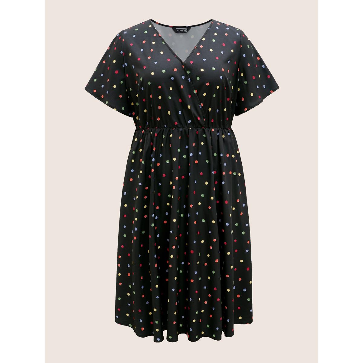 Plus Size Colored Polka Dot Overlap Collar Midi Dress Black Women Elegant Contrast Overlap Collar Short sleeve Curvy BloomChic 14-16/1X Product Image