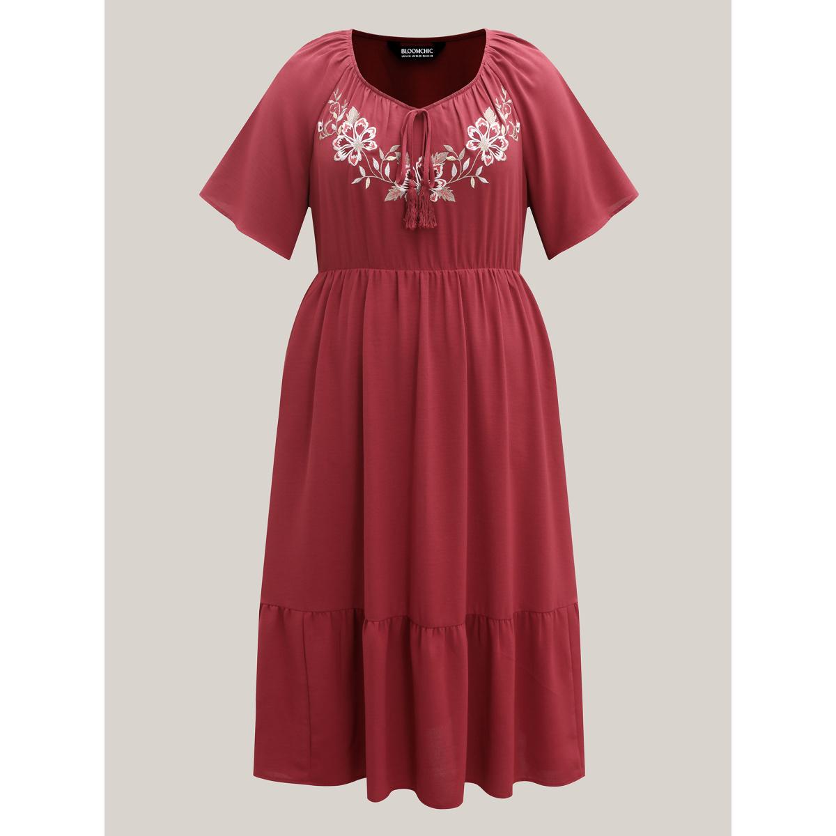 Plus Size Floral Embroidery Solid Tiered Midi Dress Russet Women Square Neck Short sleeve Curvy BloomChic 22-24/3X Product Image