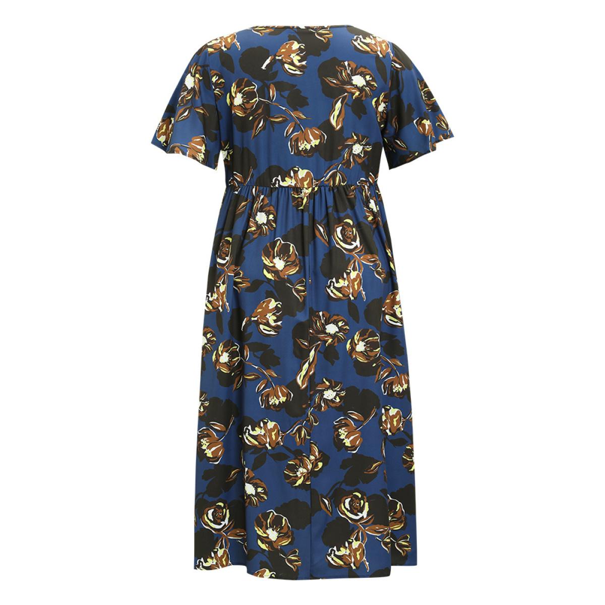 Plus Size Floral Knot Front Ruffle Sleeve Pocket Asymmetrical Hem Dress DarkBlue Women Elegant Knotted V-neck Short sleeve Curvy Midi Dress BloomChic 30/6X Product Image