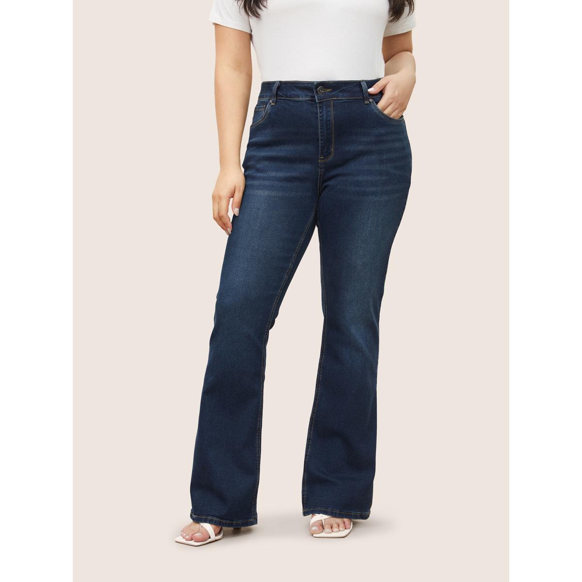 Plus Size Bootcut Very Stretchy Mid Rise Medium Wash Sculpt Waist Jeans Women Blue Timeless Plain Non High stretch Slanted pocket Jeans BloomChic 22/3X Product Image