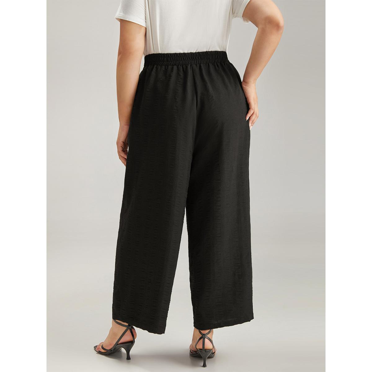 Plus Size Plain Tassel Knot Pocket Elastic Waist Pants Women Black Vacation Straight Leg High Rise Dailywear Pants BloomChic 22-24/3X Product Image