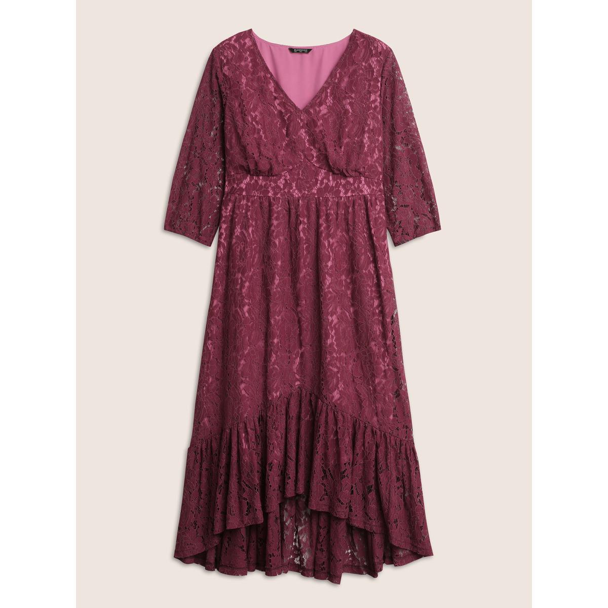 Plus Size Crochet Lace Mesh Gathered Arc Hem Dress Burgundy Women Elegant Non V-neck Elbow-length sleeve Curvy Midi Dress BloomChic 12/L Product Image
