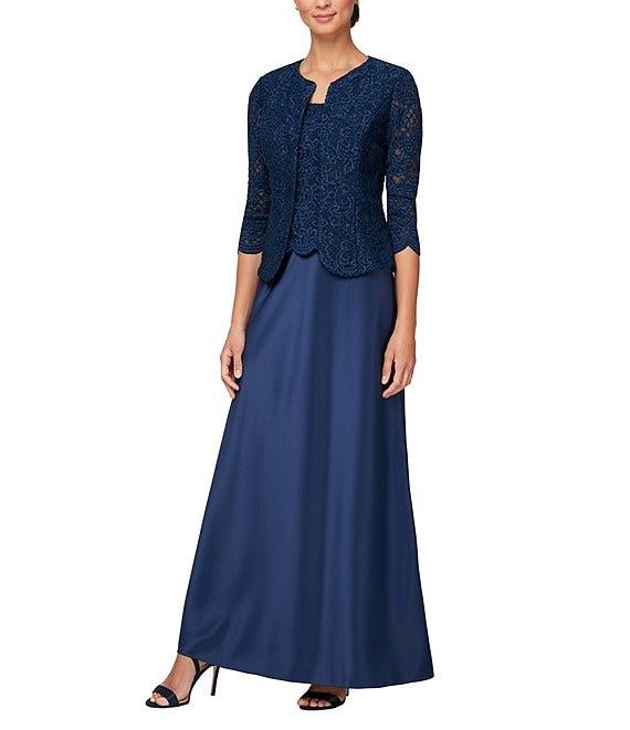 Alex Evenings Glitter Lace 3/4 Sleeve Square Neck Scallop Hem Bodice 2-Piece Jacket Gown Product Image
