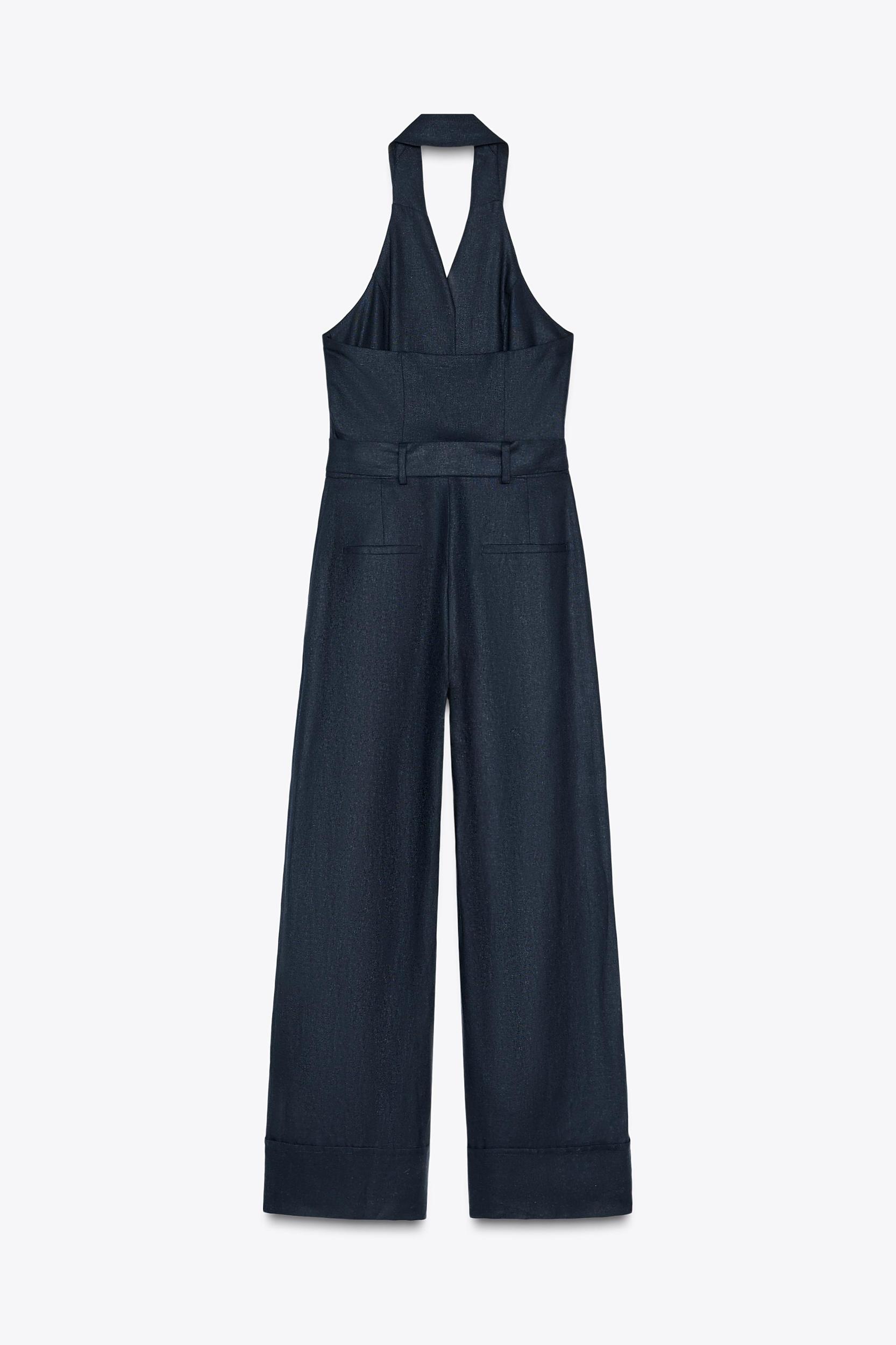 HALTER BELTED LINEN JUMPSUIT Product Image