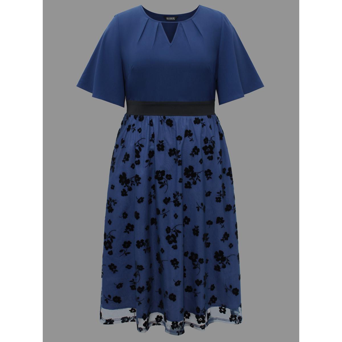 Plus Size Floral Embroidered Mesh keyhole Dress Aegean Women Formal Texture Round Neck Half Sleeve Curvy BloomChic 28/5X Product Image