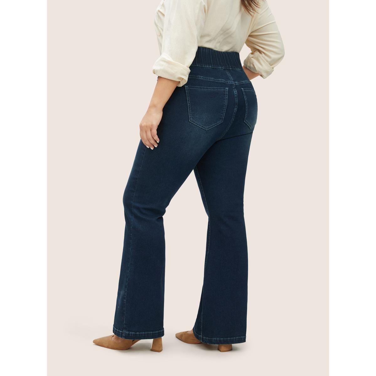 Plus Size Elastic Waist Flare Leg Dark Wash Jeans Women Indigo Casual Plain Non High stretch Slanted pocket Jeans BloomChic 26/4X Product Image