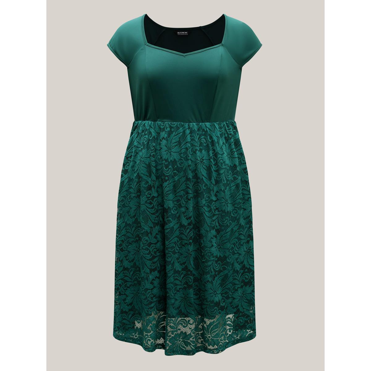 Plus Size Sculpted Lace Stretchy Waist Midi Dress Cyan Women Heart neckline Sleeveless Curvy BloomChic 26/4X Product Image