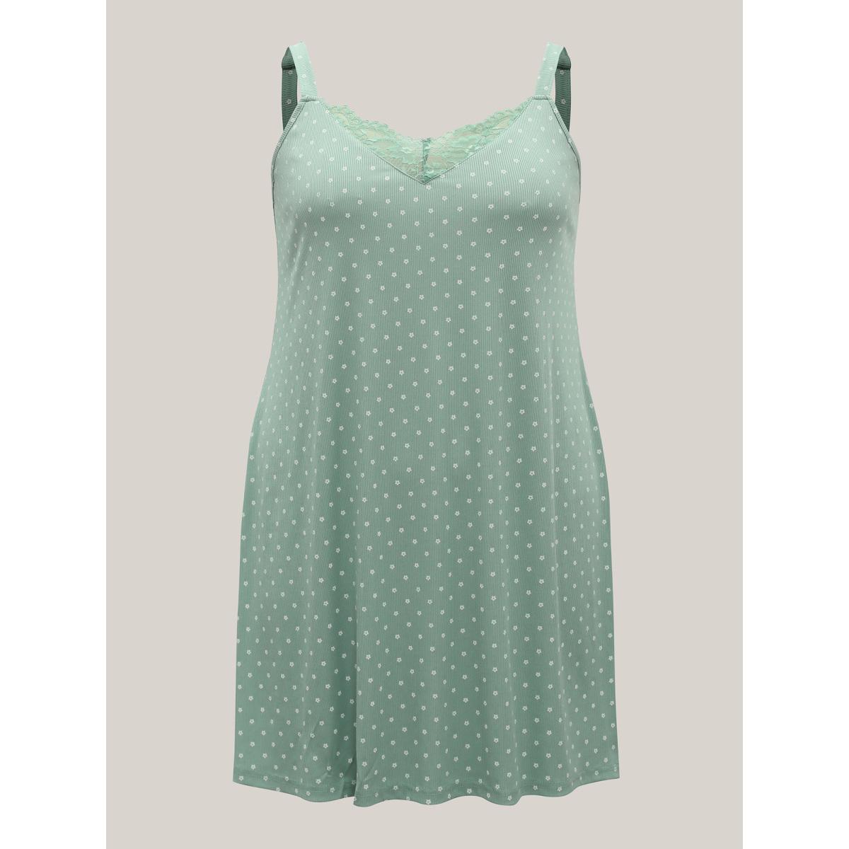 Plus Size Lace Neck Polka Dots Textured Loungewear Women Greenbean Leisure V-neck Loungewear BloomChic 26/4X Product Image