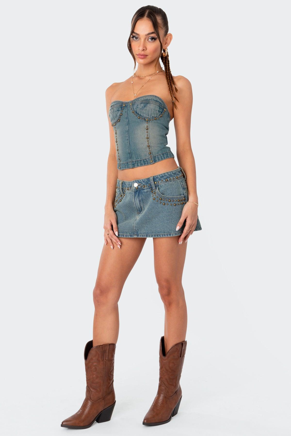 Studded Low Rise Washed Denim Mini Skirt Product Image