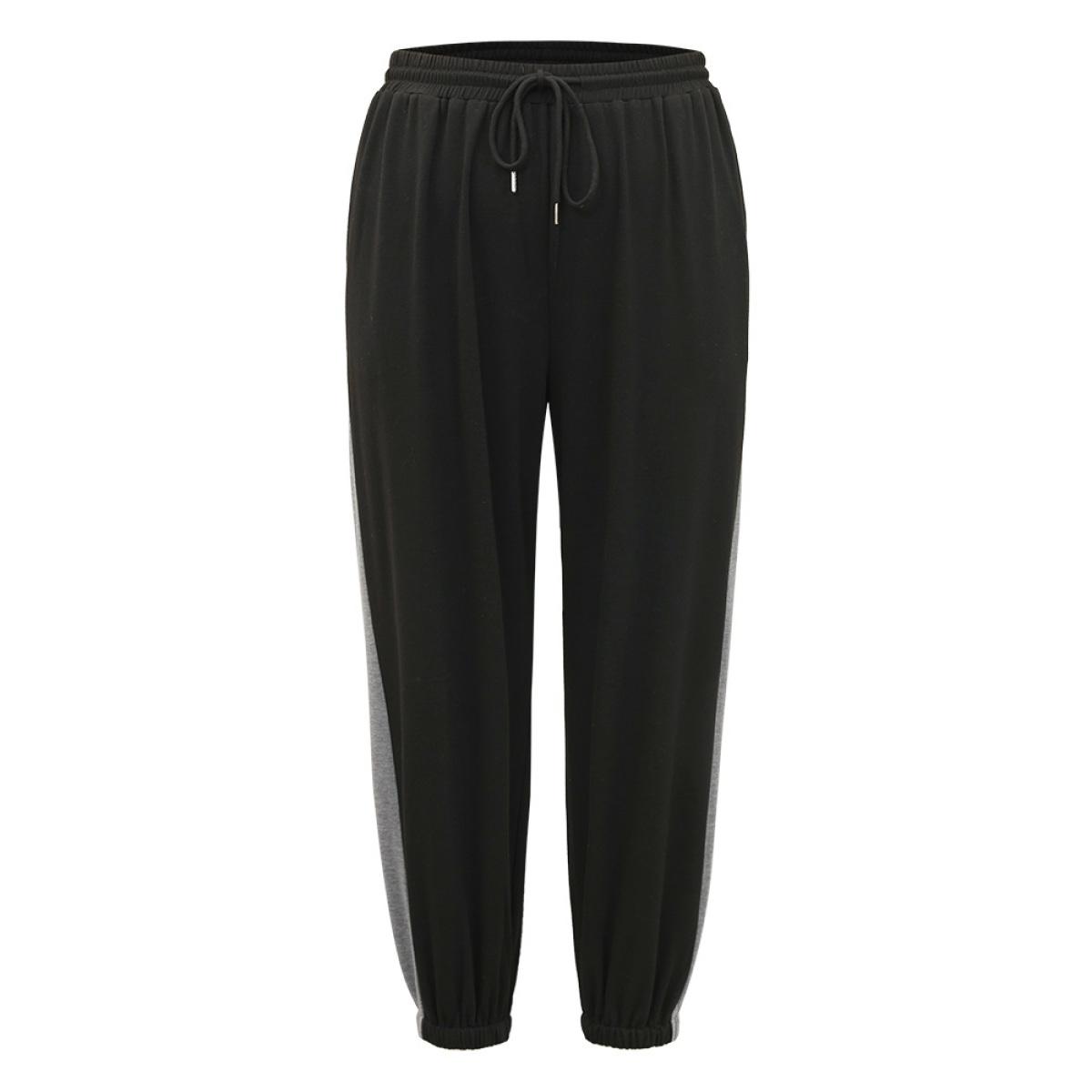 Patchwork Contrast Drawstring Sweatpant Black Plus Size Women Casual Dailywear Contrast 22-24/3X Bloomchic Product Image