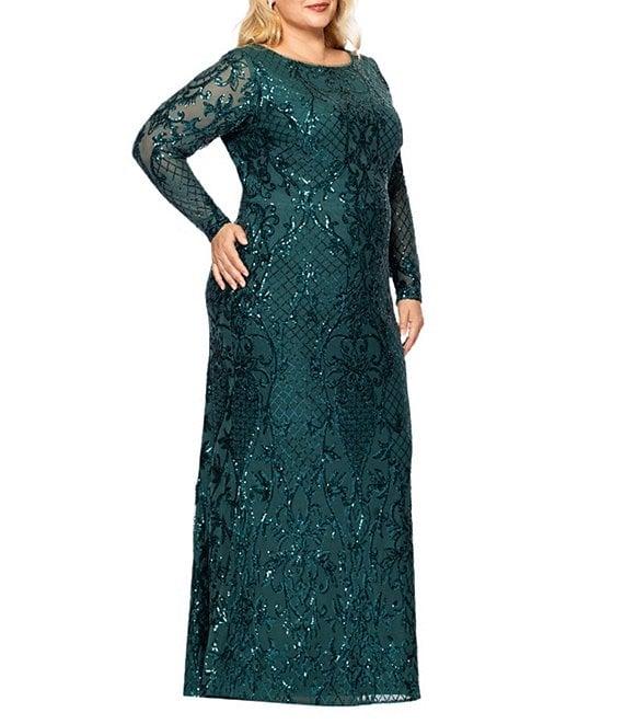 Betsy & Adam Plus Size Sequin Round Neck Long Sleeve Gown Product Image