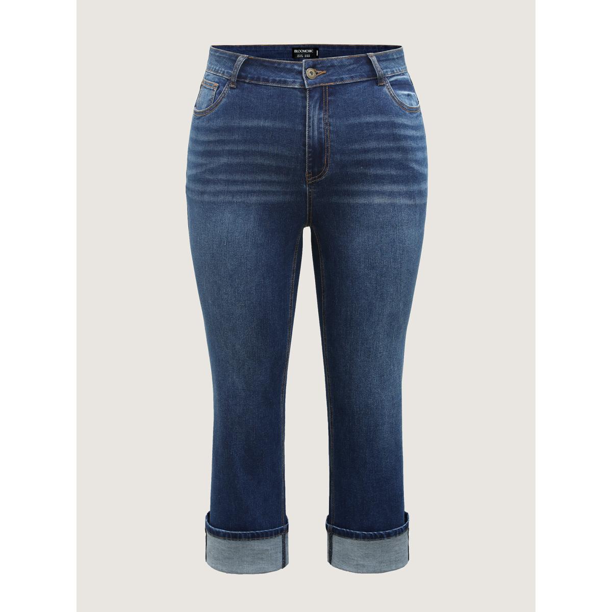 Plus Size Stretch Rolled Hem Straight-Leg Jeans Women Denimblue Leisure High stretch Slanted pocket Jeans BloomChic 30/6X Product Image
