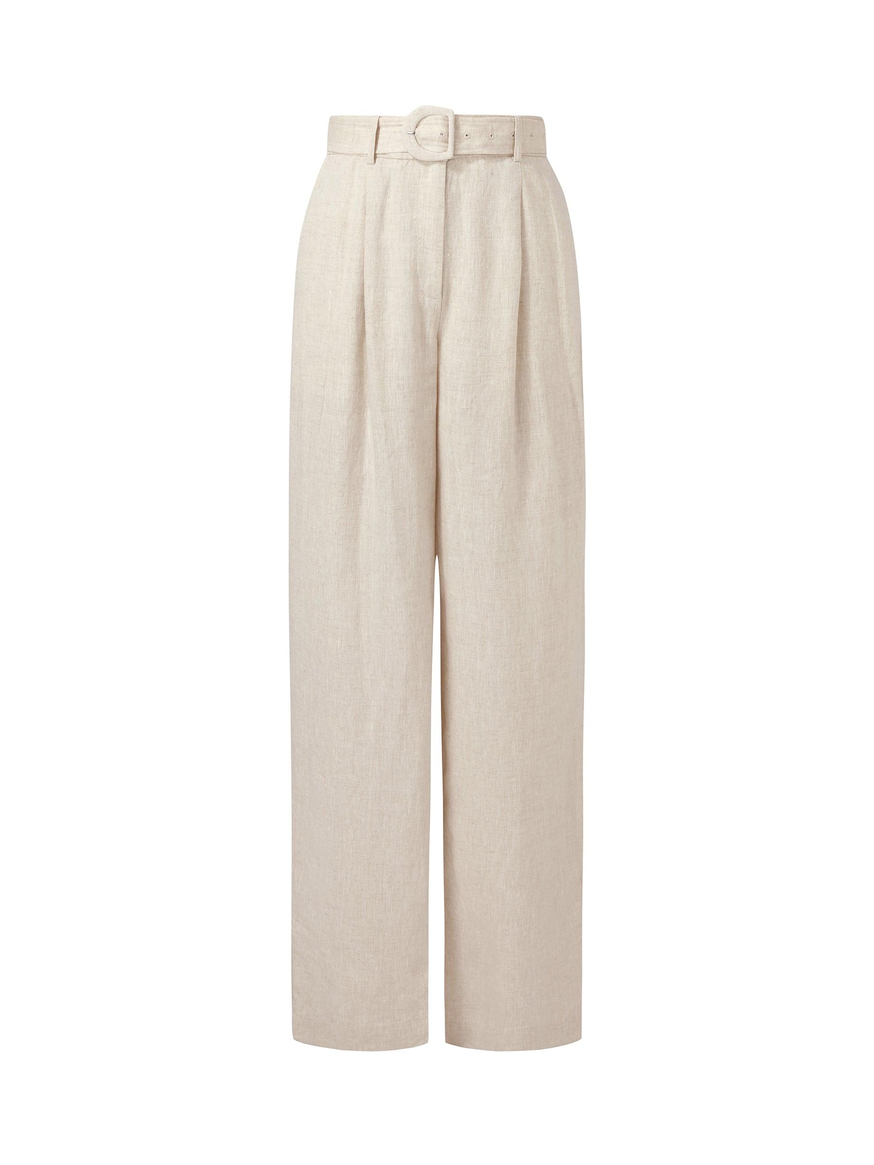 100% Linen Women Straight Leg Pants With Belt Product Image