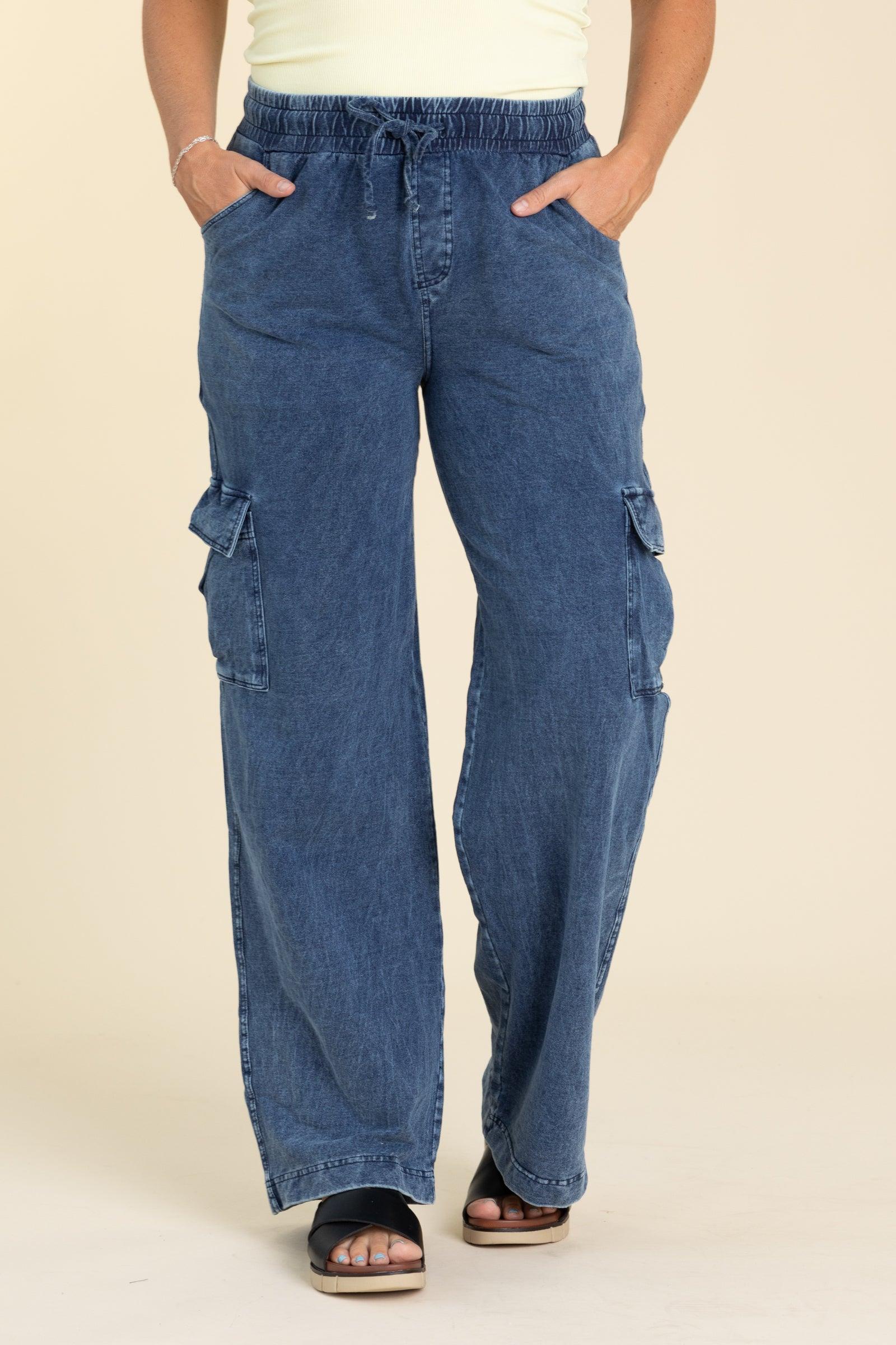 Blue Mineral Wash Wide Leg Cotton Cargo Pants Product Image