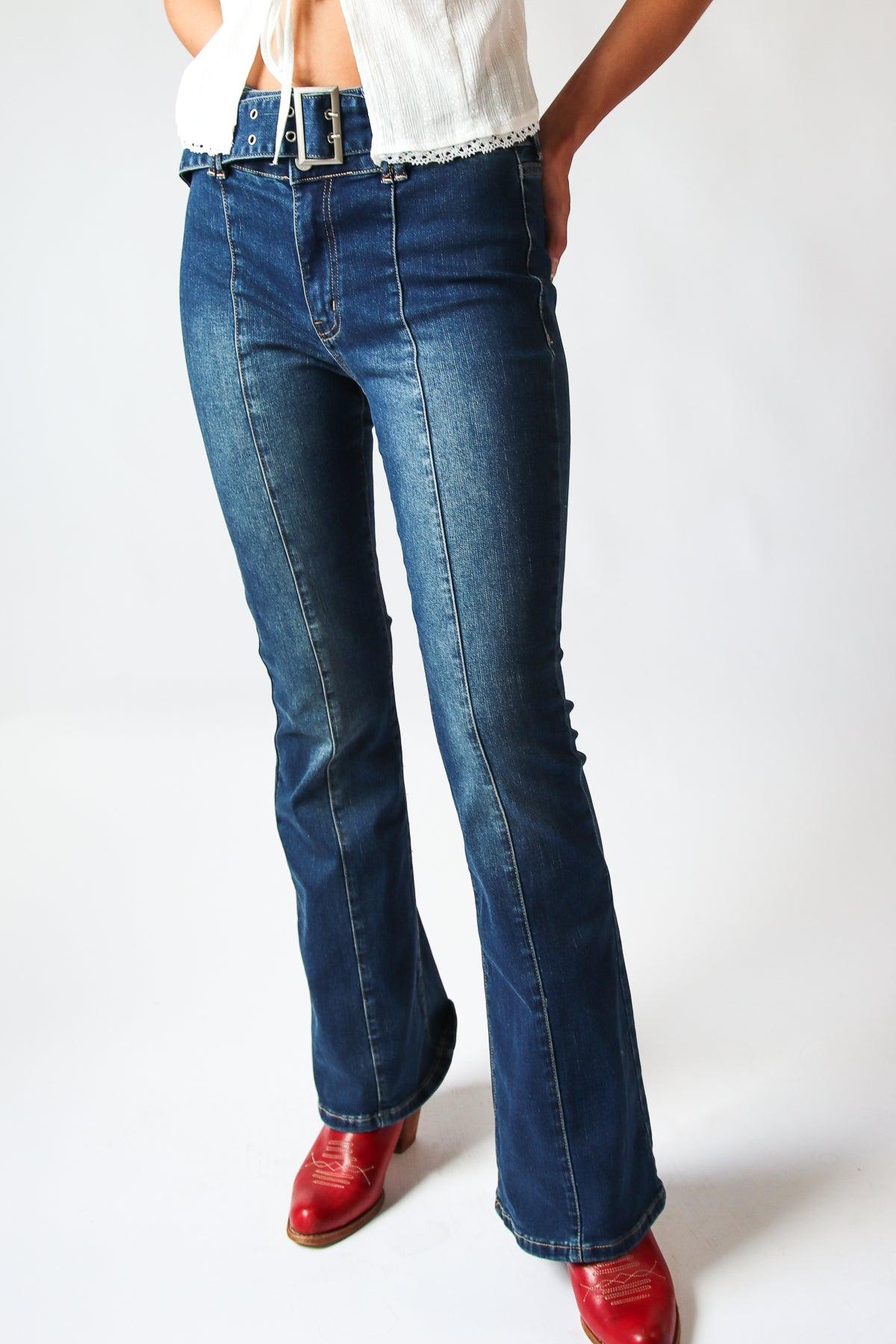 High Rise Belted Flare Jeans Product Image