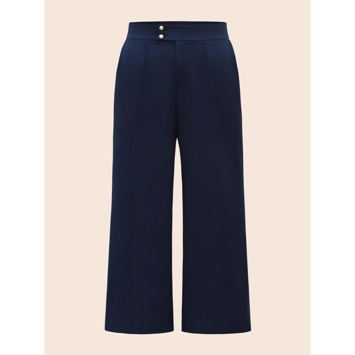 Plus Size Stretch Woven Metal Buckle Wide Leg Pants Women Indigo At the Office Wide Leg Mid Rise Work Pants BloomChic 14-16/1X Product Image