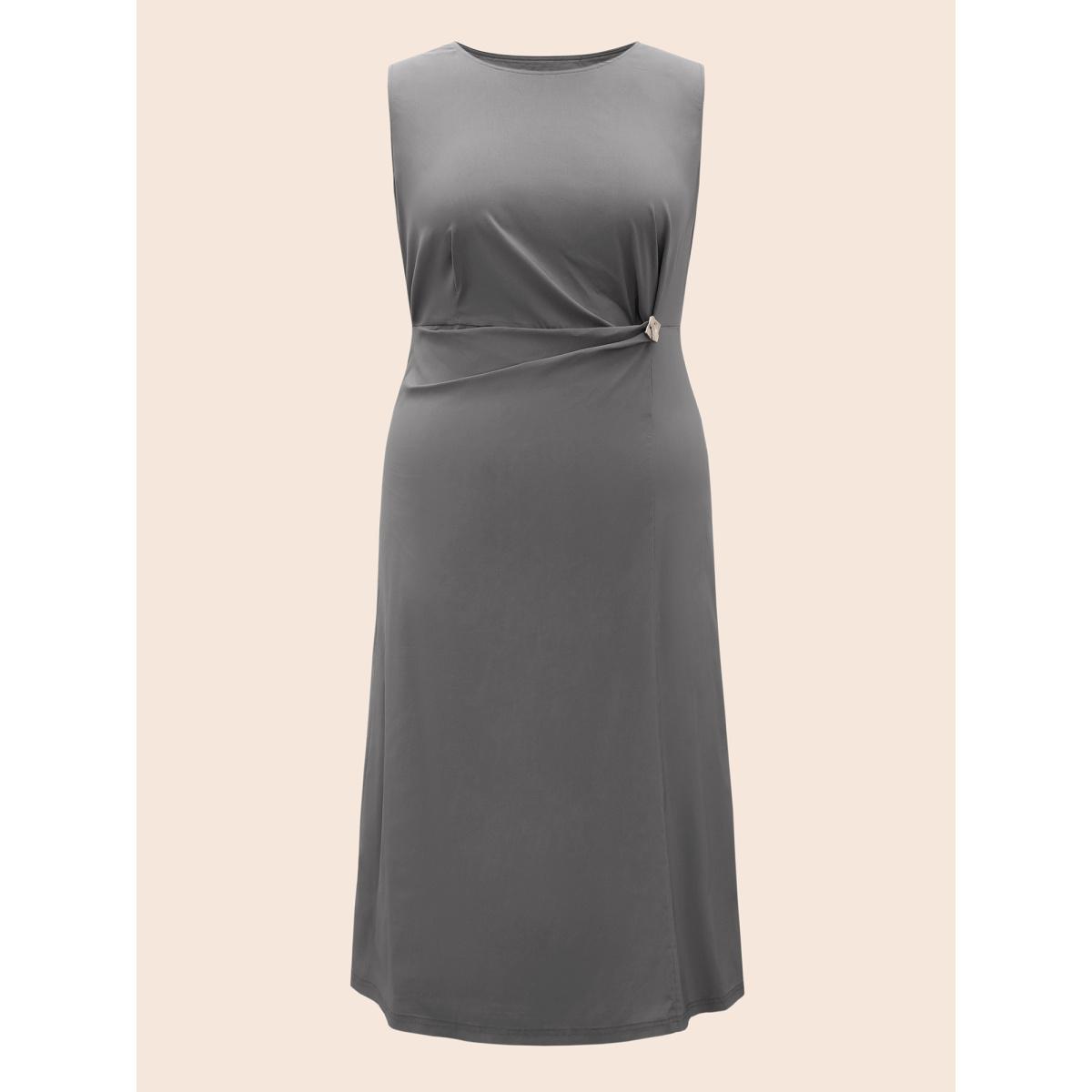 Plus Size Stretch Woven Crushed Pleated Midi Dress DimGray Women Workwear Essentials Twist Round Neck Sleeveless Curvy BloomChic 10/M Product Image