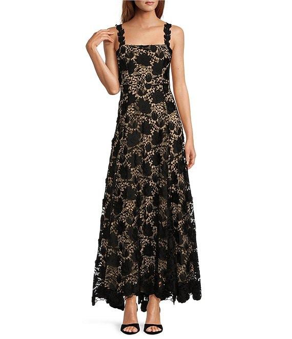 Antonio Melani Jenneth Schiffli Lace Sheer Illusion Square Neck Sleeveless Strap A-Line Gown Product Image