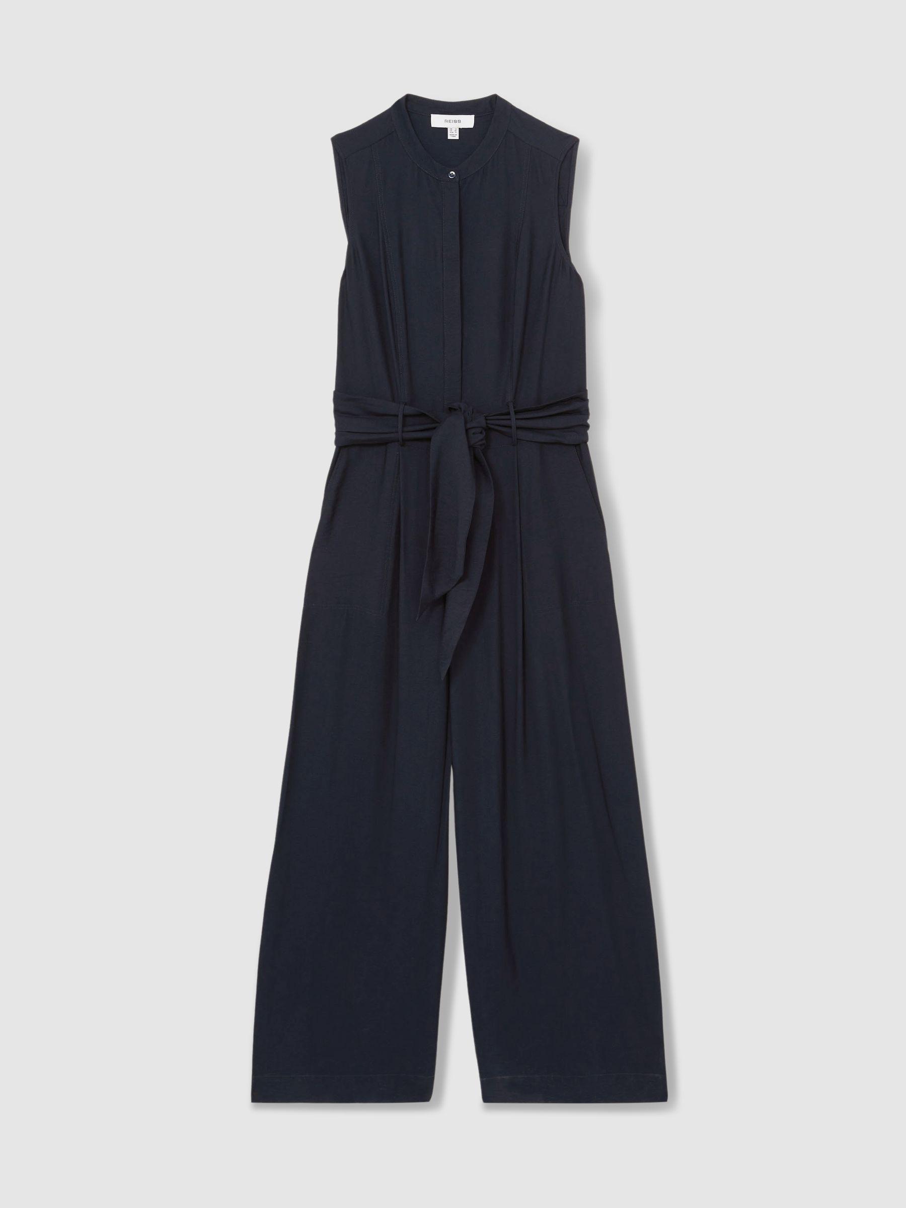 Wide-Leg Belted Jumpsuit in Navy Product Image