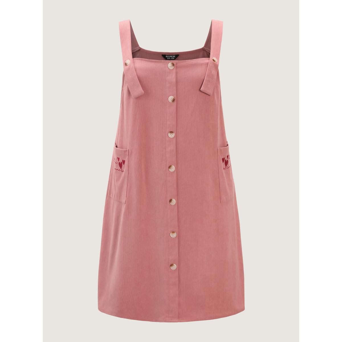 Plus Size Heart Embroidered Pockets Adjustable Overall Dress Beanpastepowder Women Leisure Texture Square Neck Sleeveless Curvy BloomChic 18-20/2X Product Image