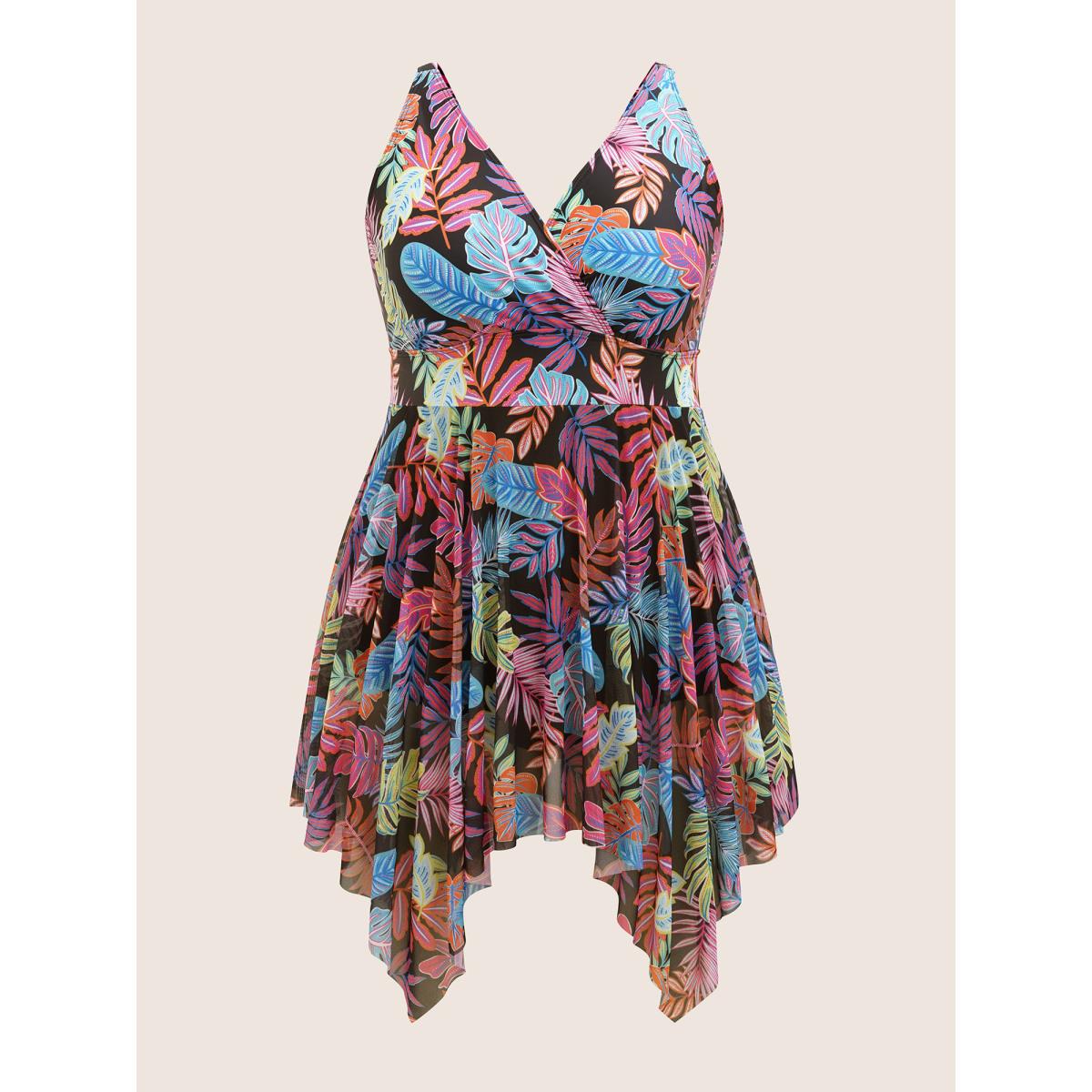 Plus Size Tropical Print Overlap Collar Hanky Hem Swim Dress Women's Swimwear Black Beach Bodycon Overlap Collar High stretch Curve Swim Dresses BloomChic 18-20/2X Product Image