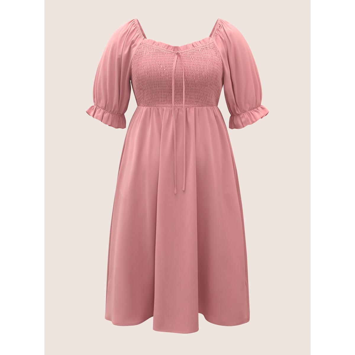 Plus Size Square Neck Shirred Elastic Waist Ties Dress Watermelon Women Elegant Non Square Neck Short sleeve Curvy Midi Dress BloomChic 12/L Product Image