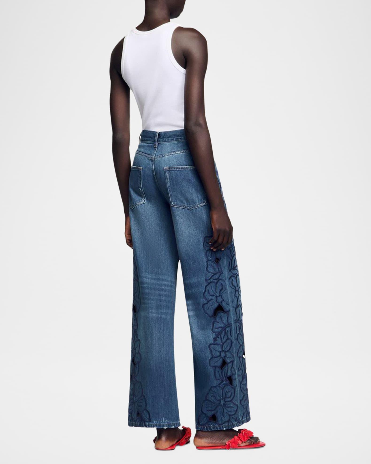 Spring Floral Embroidered Wide-Leg Jeans Product Image
