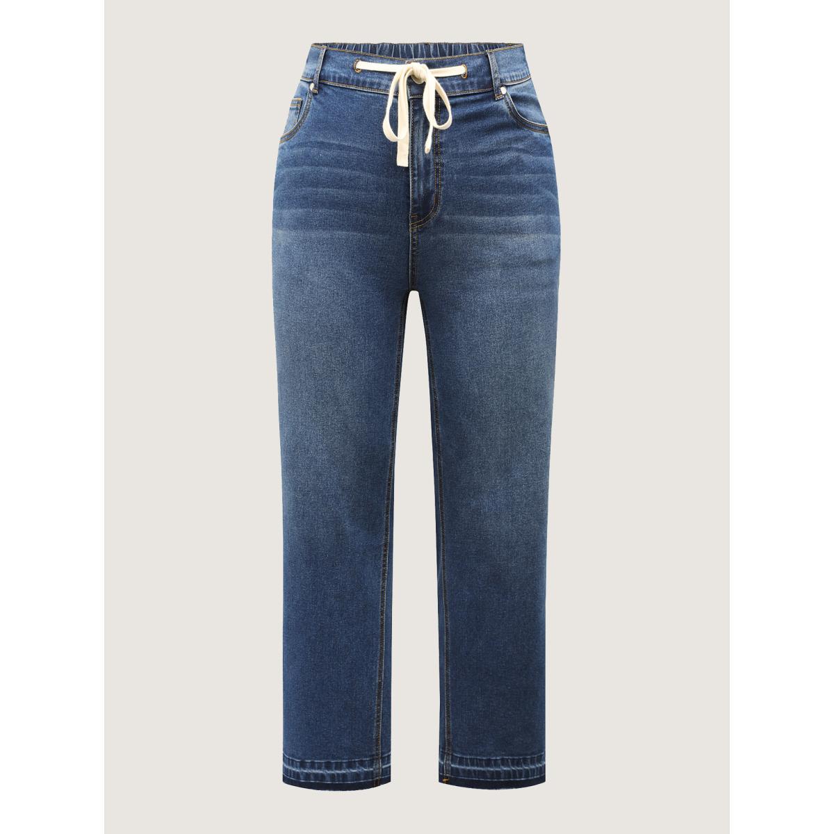 Plus Size Drawstring Frayed Hem Straight-Leg Jeans Women Denimindigo Leisure Contrast High stretch Slanted pocket Jeans BloomChic 22/3X Product Image