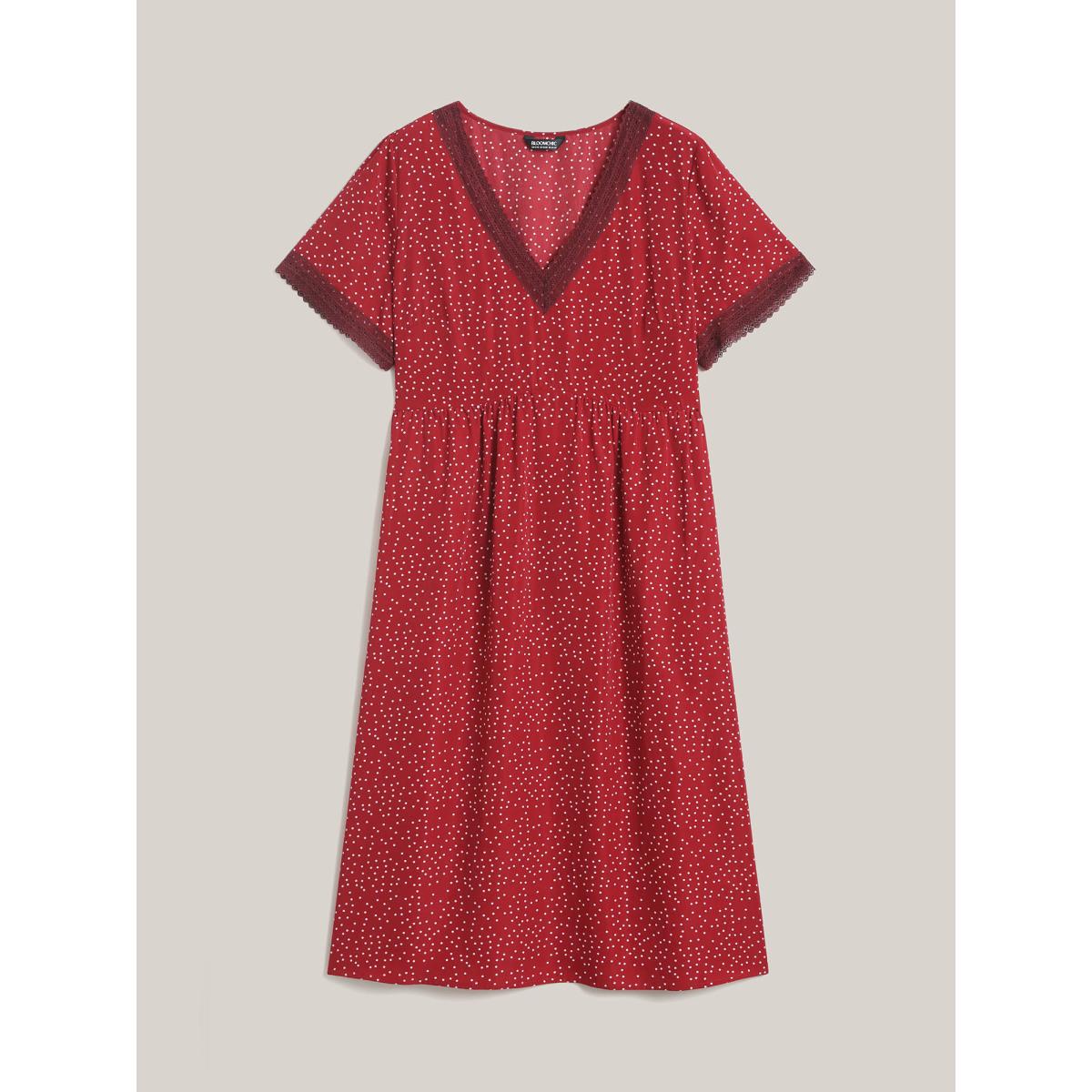 Plus Size Polka Dots Lace Waist-Cinched Midi Dress Scarlet Women V-neck Short sleeve Curvy BloomChic 12/L Product Image