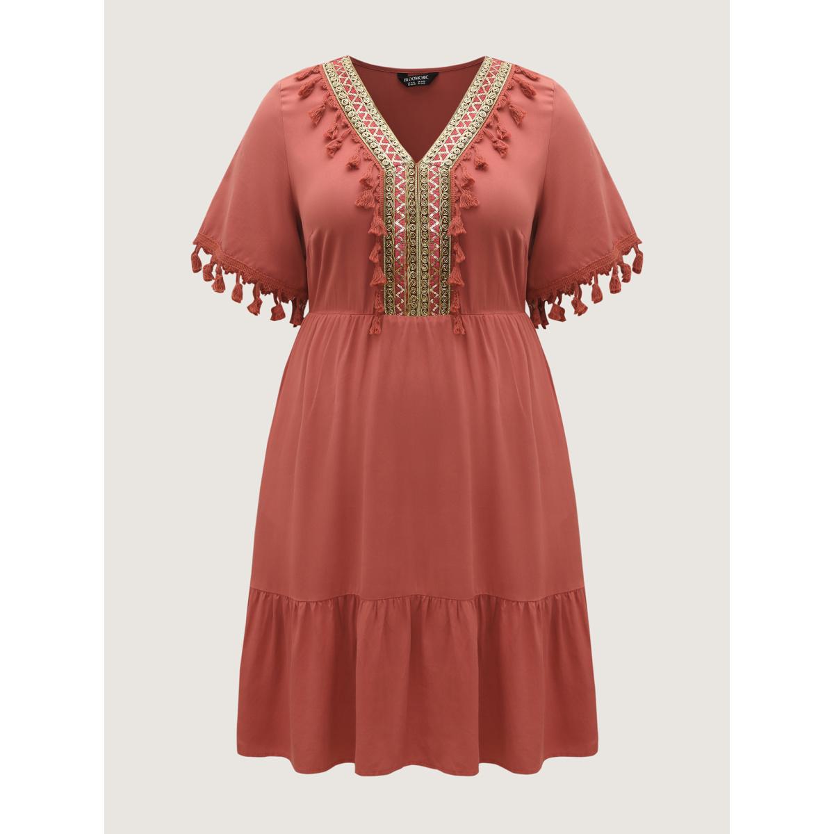 Plus Size Rayon Stretchy Waist Pockets Midi Dress Rust Women Boho V-neck Half Sleeve Curvy BloomChic 30/6X Product Image