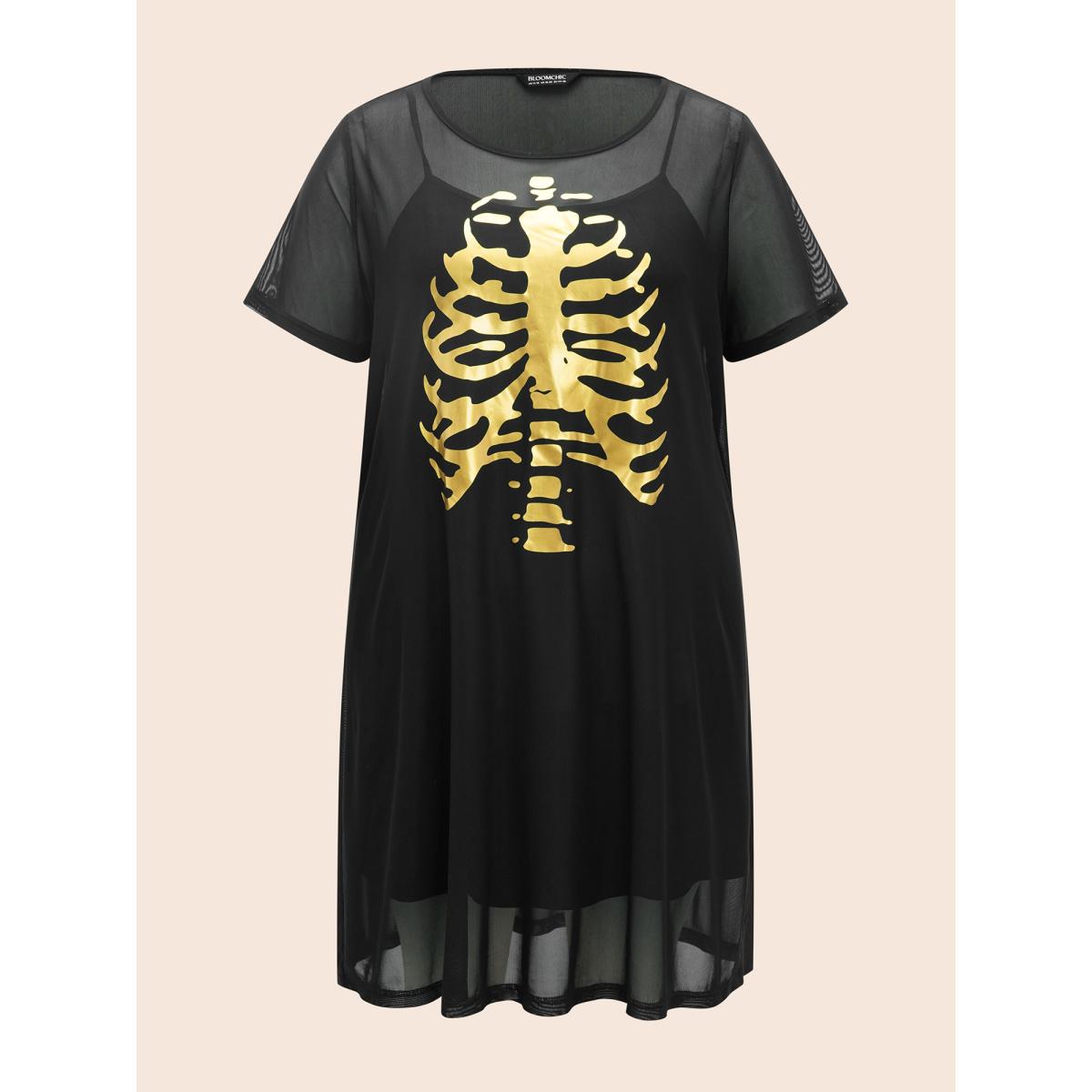 Plus Size Bone Stamping Gold Accents Mini Dress Black Women Cocktail Texture Party Curvy Bloomchic 26/4X Product Image