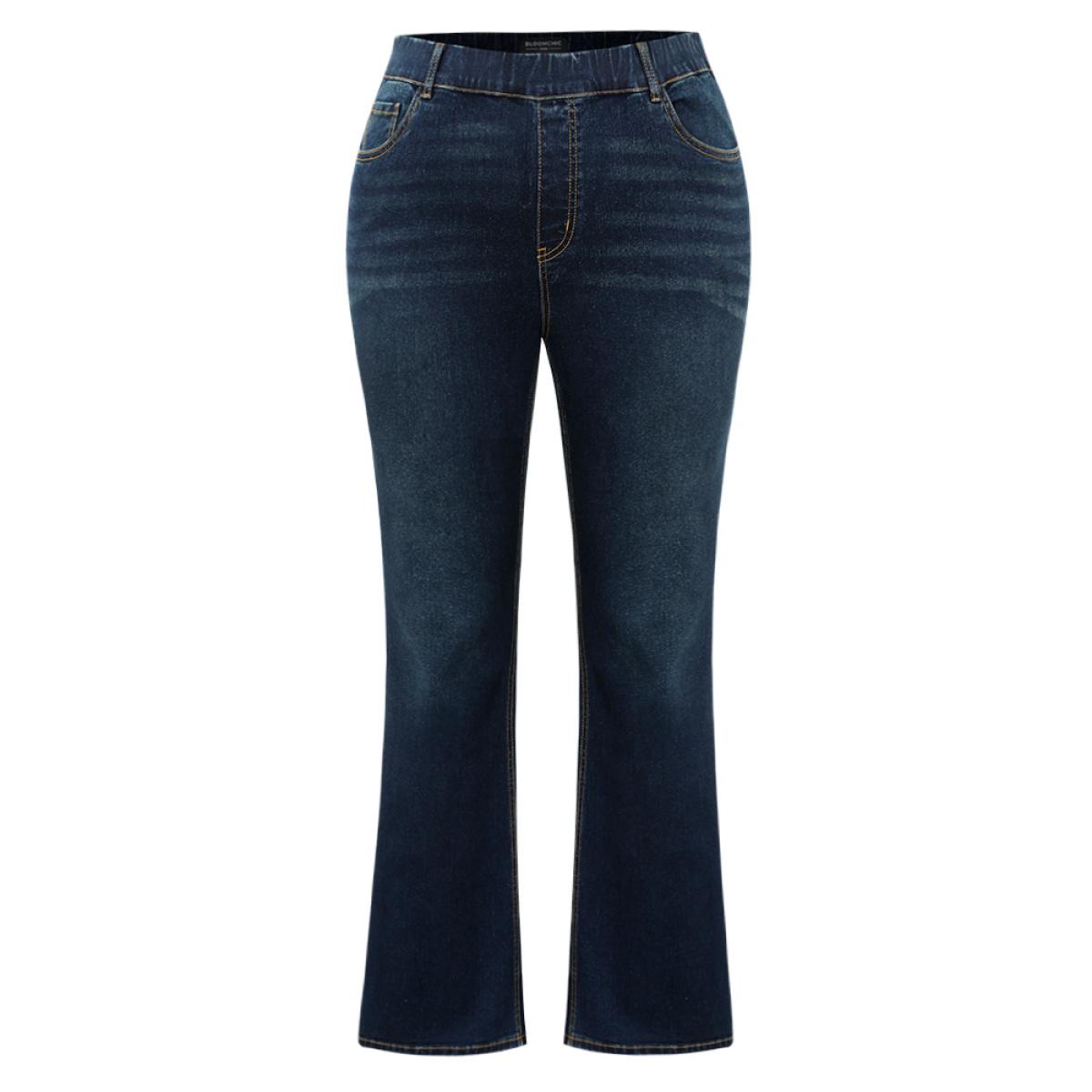 Plus Size Plain Flare Leg High Rise Full Length Jeans Women Indigo Casual Plain Non High stretch Slanted pocket Jeans BloomChic 16/1X Product Image