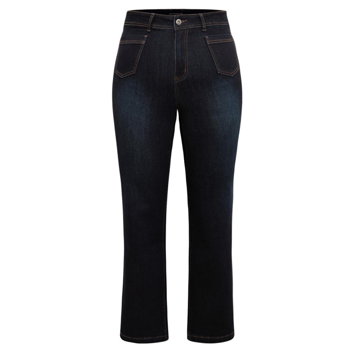 Plus Size Straight Leg Dark Wash Patched Pocket Jeans Women Midnight Casual Plain Plain High stretch Pocket Jeans BloomChic 24/3X Product Image