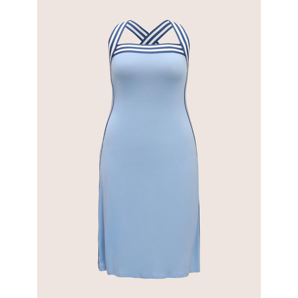 Plus Size Square Neck Striped Patchwork Midi Dress LightBlue Women Casual Woven ribbon&lace trim Square Neck Sleeveless Curvy BloomChic 28/5X Product Image