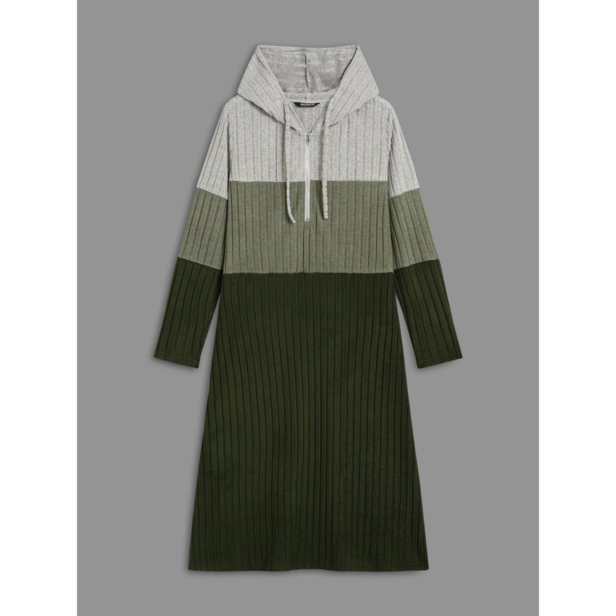Plus Size Hooded Half Zip Pit Strip Knit Dress ArmyGreen Women Casual Contrast Hooded Long Sleeve Curvy BloomChic 10/M Product Image