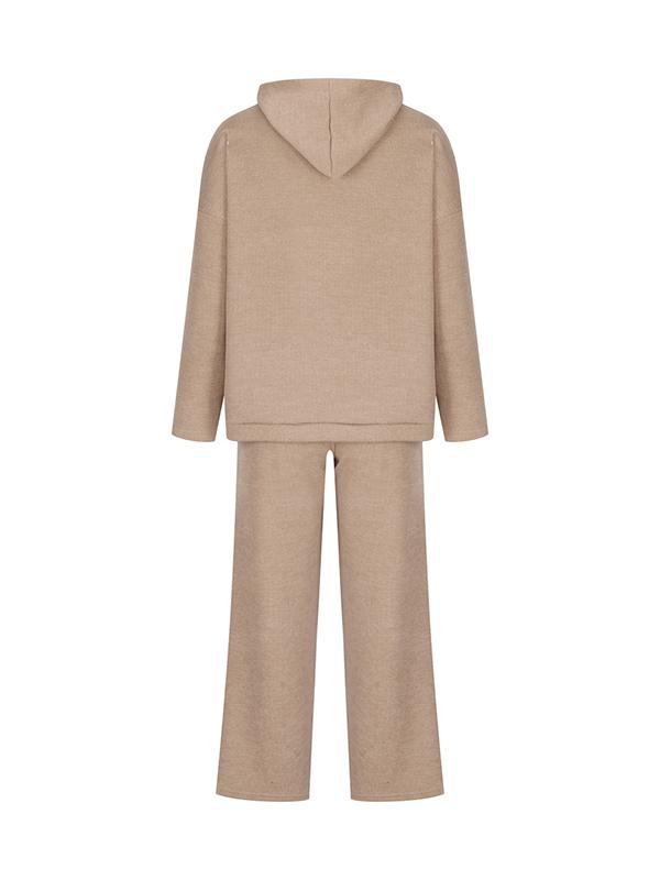Loose Solid Color Round-Neck Hooded Long Sleeves Sweater Top + Drawstring Pants Bottom Two Pieces Set Product Image