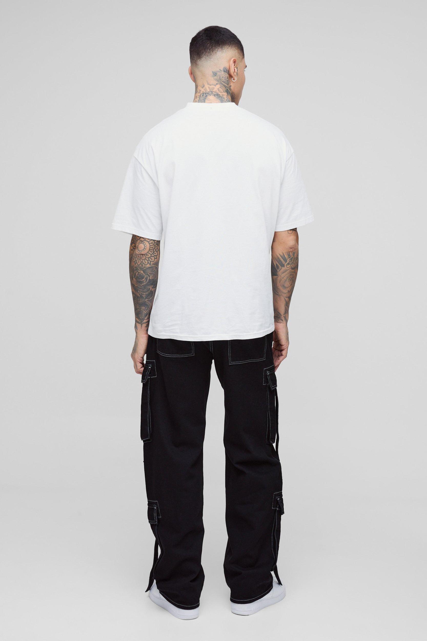 Tall Contrast Stitch Strap Detail Wide Leg Cargo Jeans | boohooMAN USA Product Image
