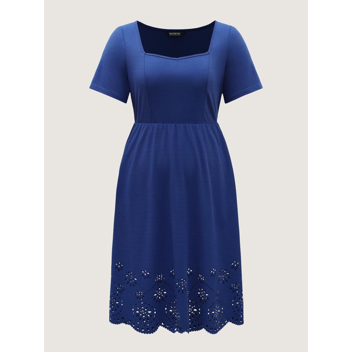 Plus Size Supersoft Essentials Plain Button Detail Ruffle Sleeve Gathered Square Neck Dress Indigo Women Casual Texture Square Neck Short sleeve Curvy Midi Dress BloomChic 28/5X Product Image