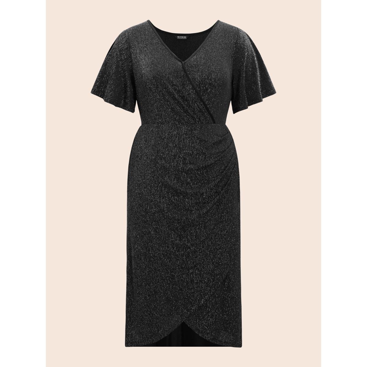 Plus Size Luxe Overlap Collar Ruffle Sleeve Dress Pureblack Women Cocktail Overlapping Party Curvy Bloomchic 18-20/2X Product Image