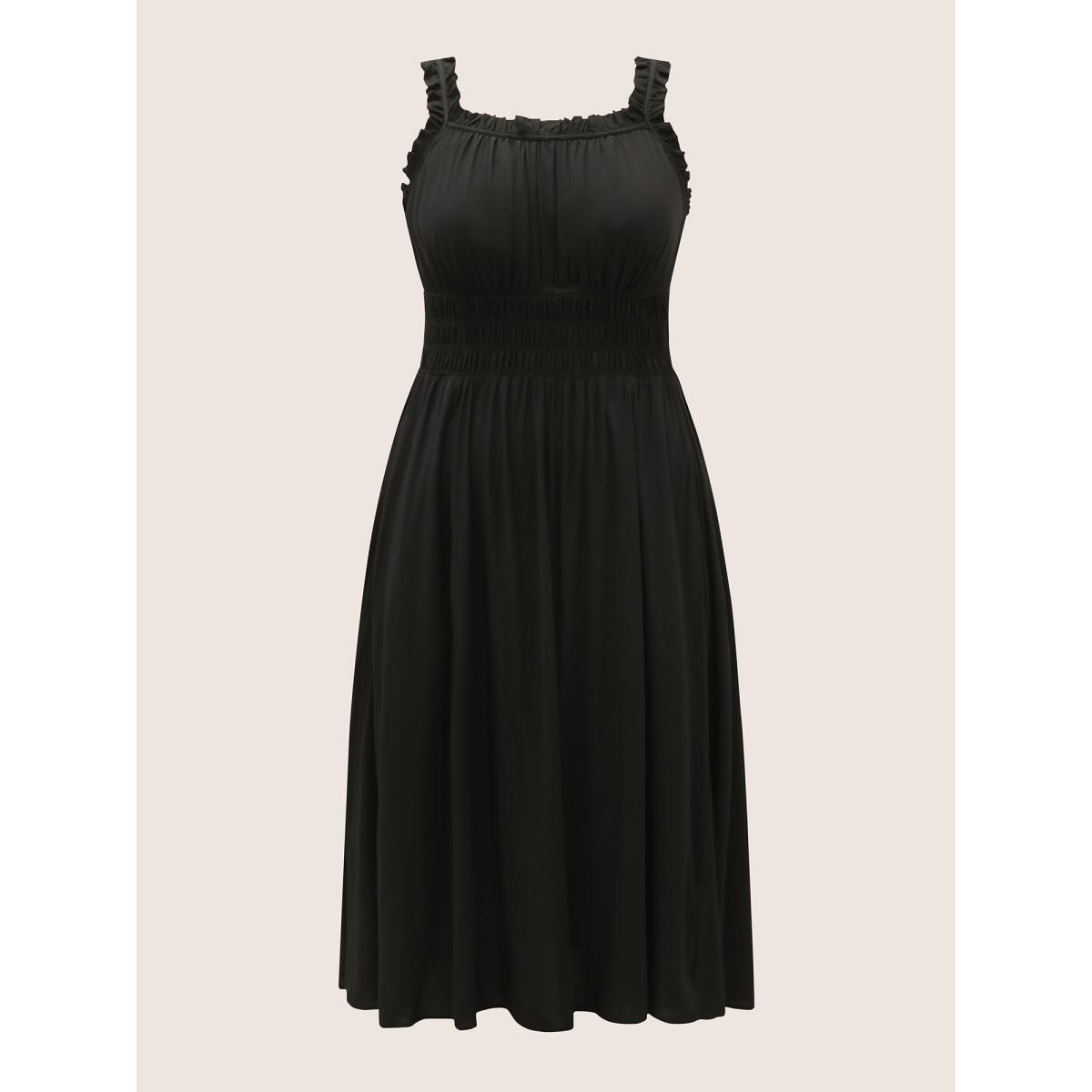 Plus Size Plain Gathered Elastic Waist Ruffle Trim Dress Black Women Casual Gathered Non Sleeveless Curvy BloomChic 28/5X Product Image