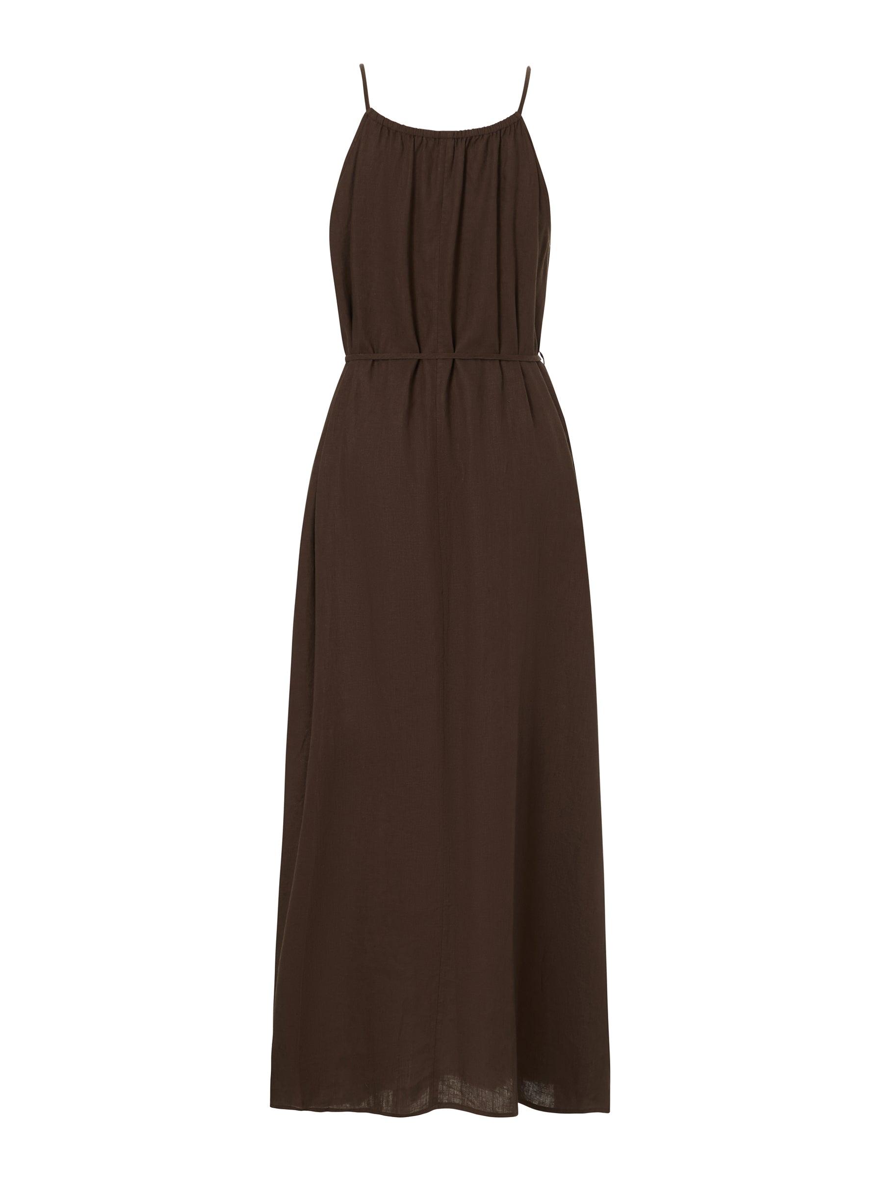 100% Linen Beaded Neck Women Strap Maxi Dress With Tie String Belt Product Image