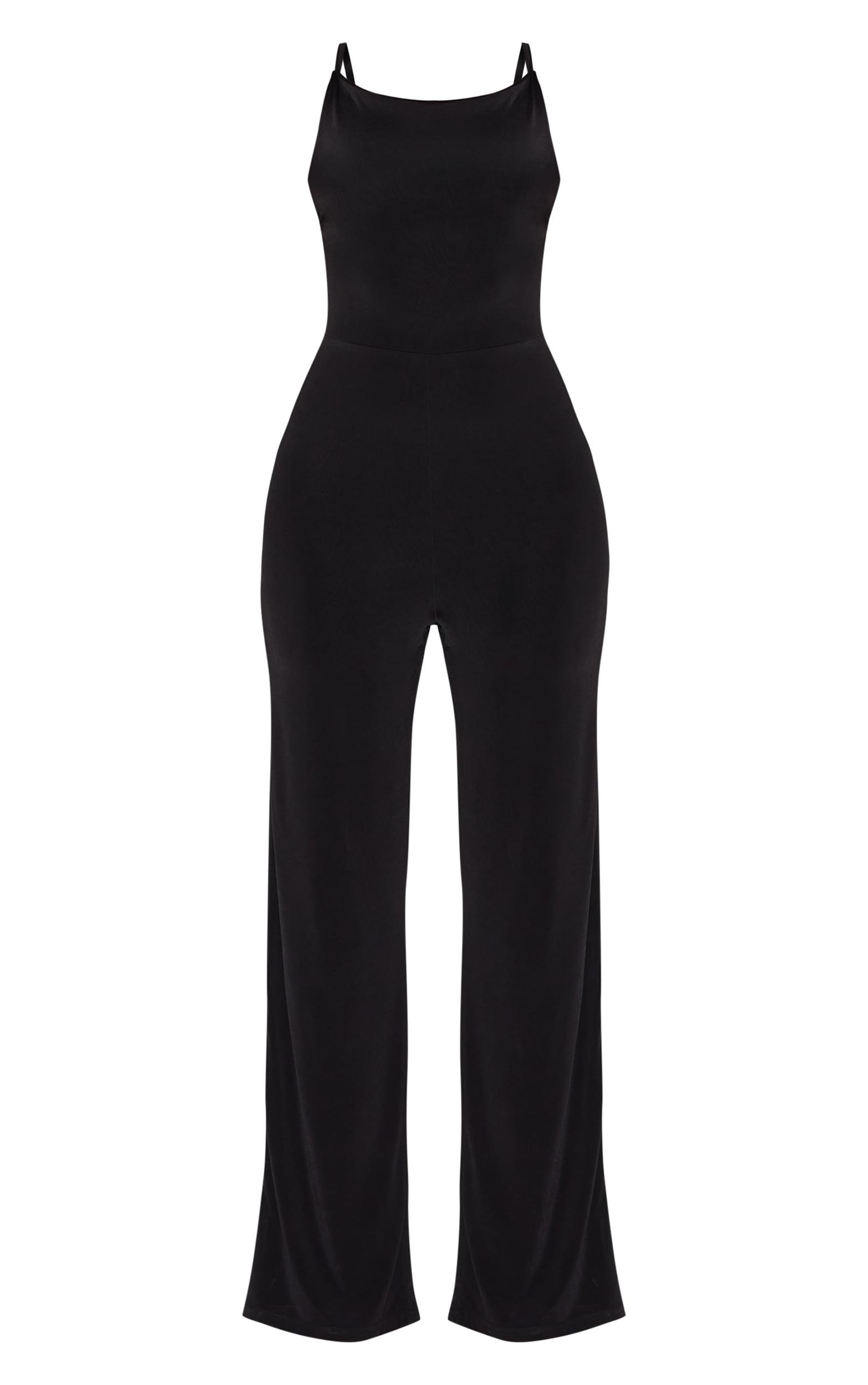 Black Double Layer Slinky Low Back Strappy Wide Leg Jumpsuit Product Image