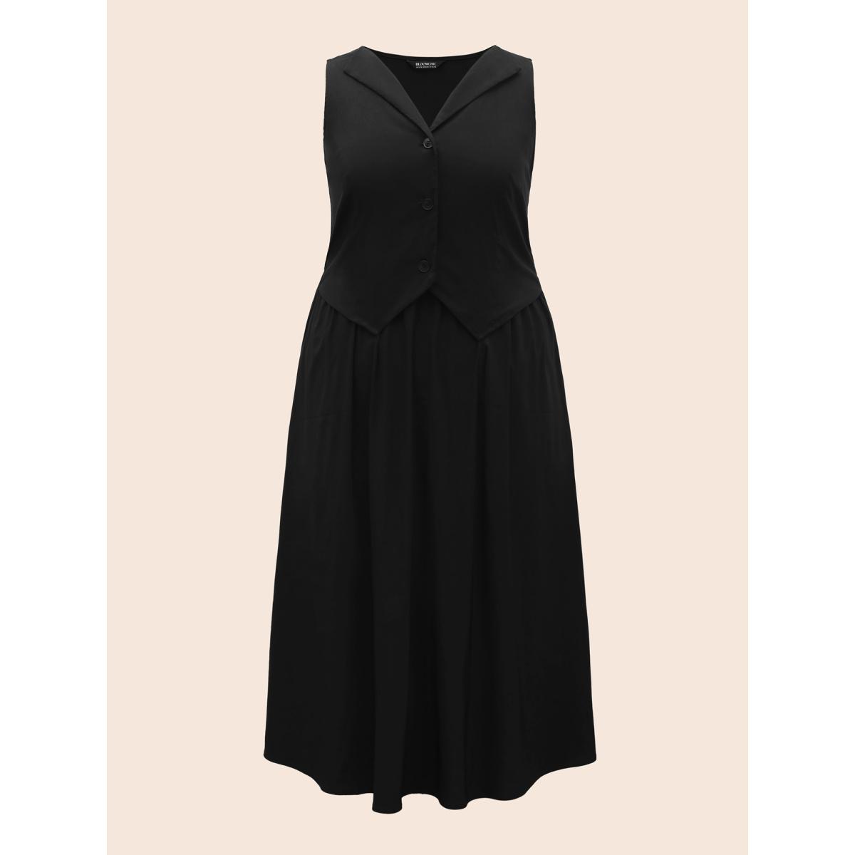 Plus Size Stretch Woven Vest Flare Midi Dress Black Women At the Office Button Suit Collar Sleeveless Curvy BloomChic 10/M Product Image