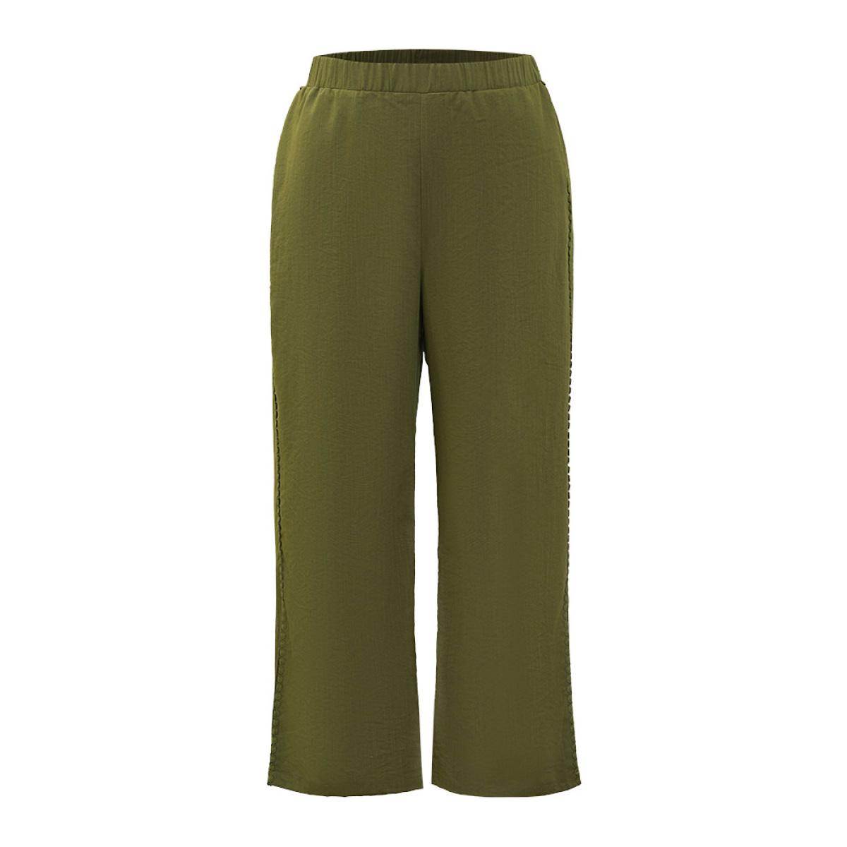 Plus Size Plain Pocket Elastic Waist Pompom Detail Split Pants Women ArmyGreen Elegant Mid Rise Dailywear Pants BloomChic 30/6X Product Image