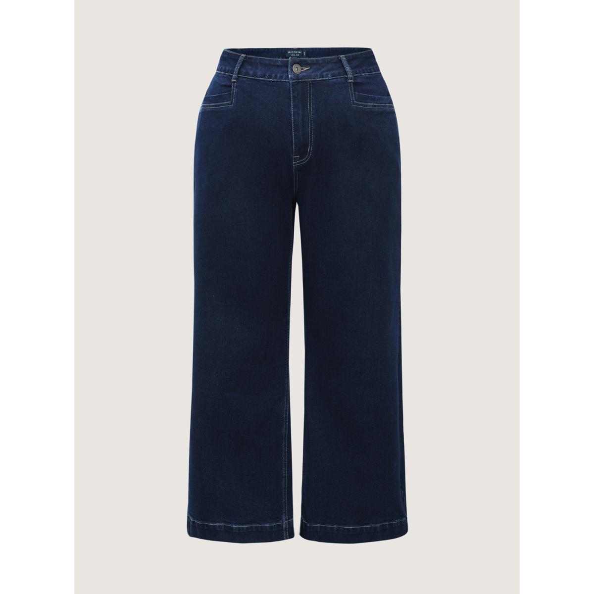 Plus Size Stretchy Wide-Leg Pocket Jeans Women Denimindigo Leisure Patchwork Medium stretch Single-flap pocket Jeans BloomChic 16/1X Product Image