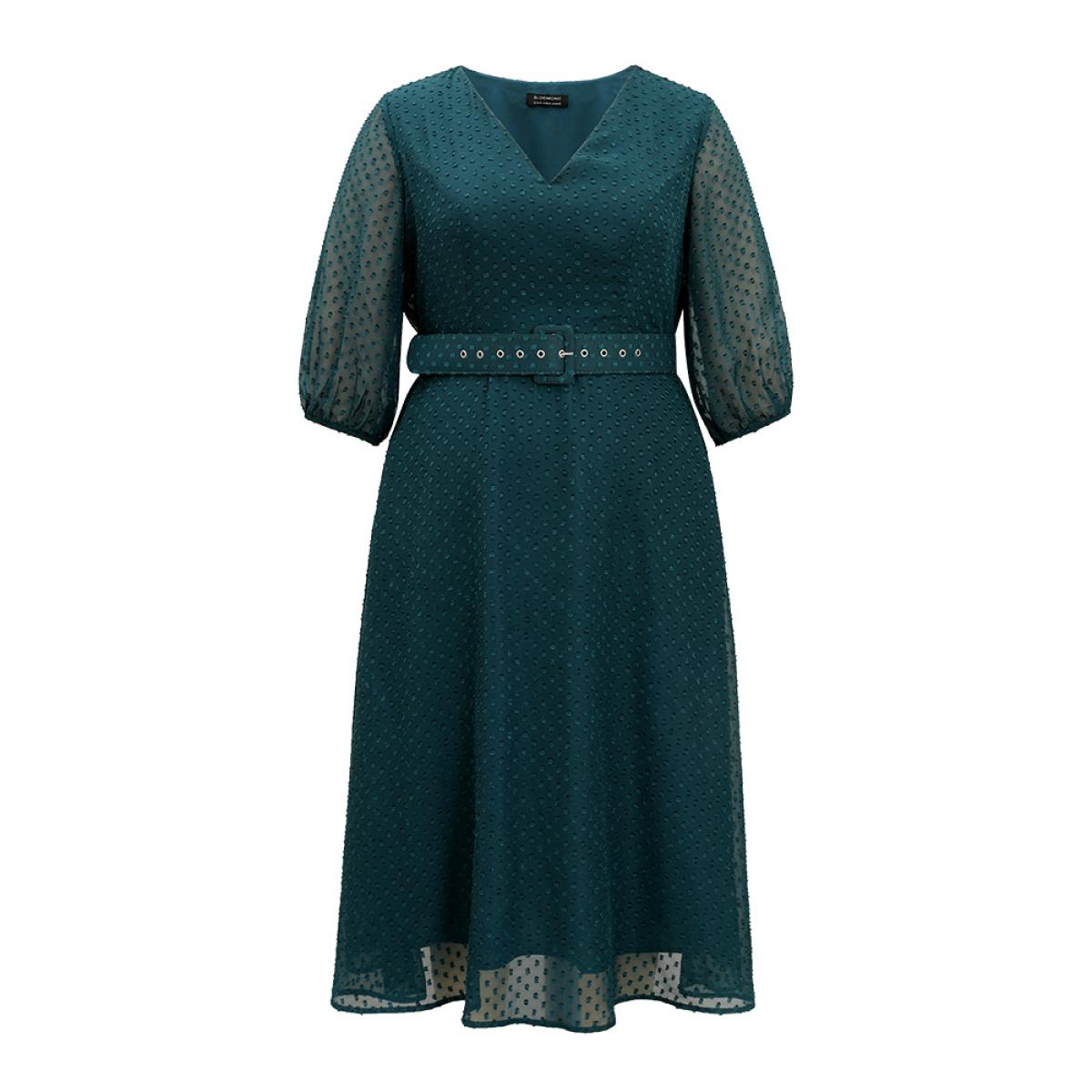 Plus Size Solid Texture Pocket Belted Mesh Patchwork Dress Aegean Women Glamour Elastic cuffs V-neck Elbow-length sleeve Curvy Midi Dress BloomChic 18-20/2X Product Image