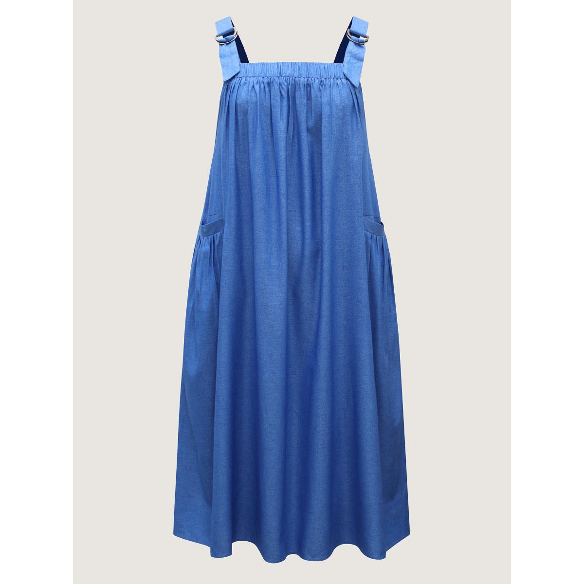 Plus Size Overall Straps Pleated Pockets Midi Dress Cerulean Women Square Neck Sleeveless Curvy BloomChic 28/5X Product Image