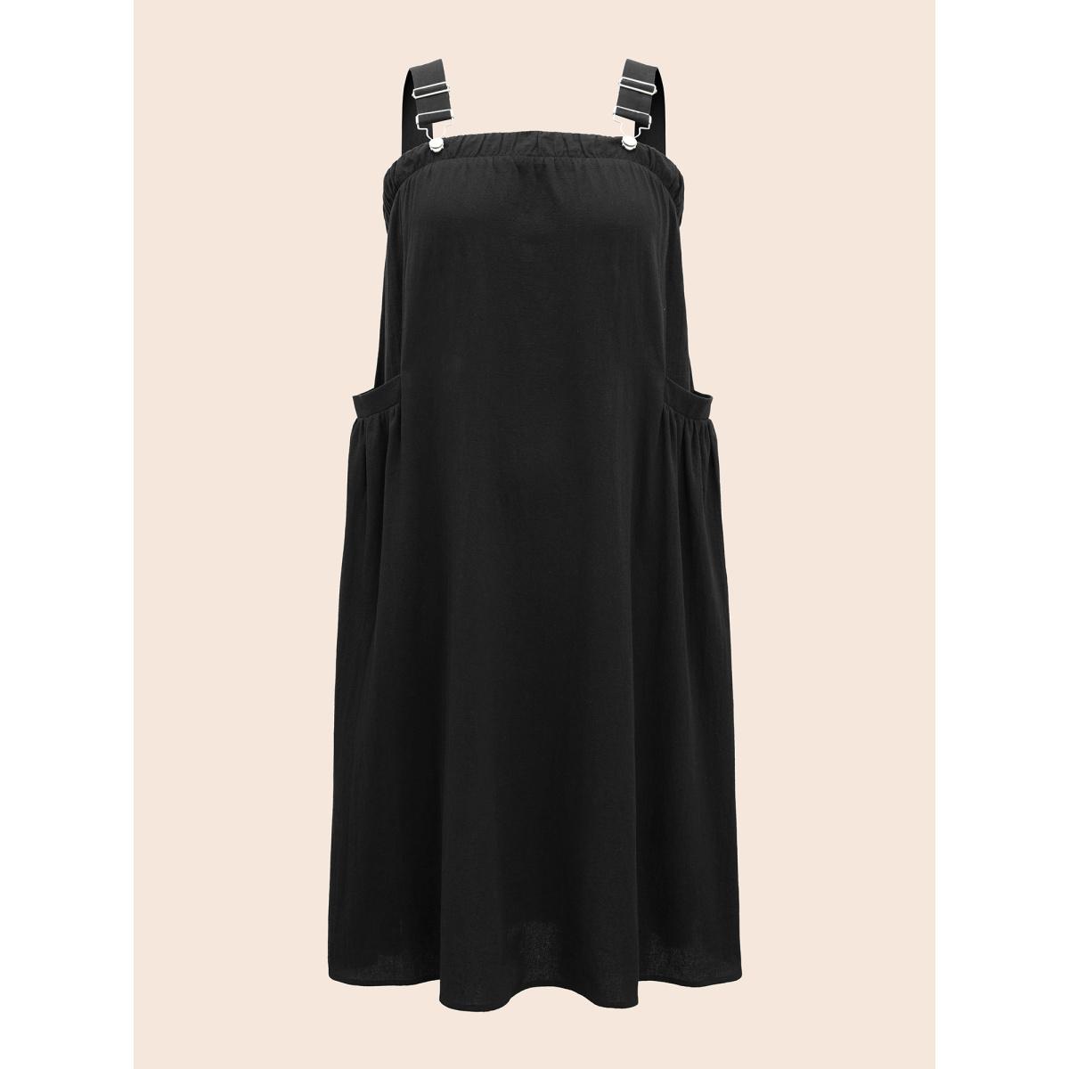 Plus Size Solid Gathered Adjustable Straps Overall Dress Black Women Casual Non Non Sleeveless Curvy BloomChic 30/6X Product Image